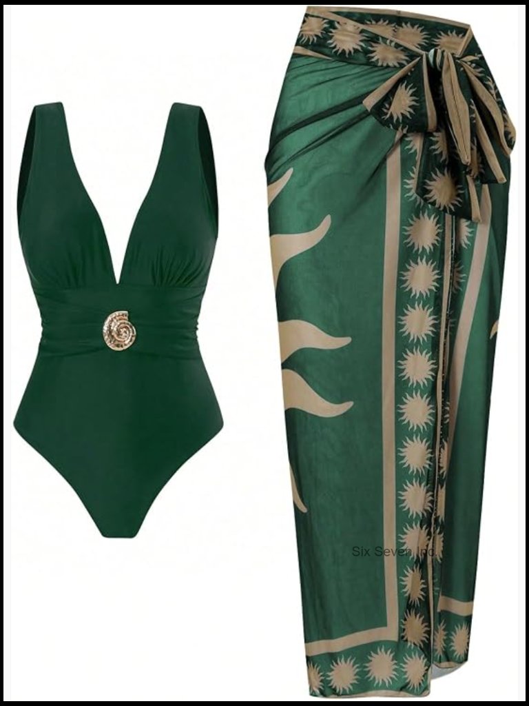 One Piece Swimsuit With Sarong Wrap Skirt Set Beach Cover Up